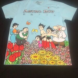 Astro Boy Flower Embroidered Light Blue Short Sleeve T-Shirt L, Lightweight